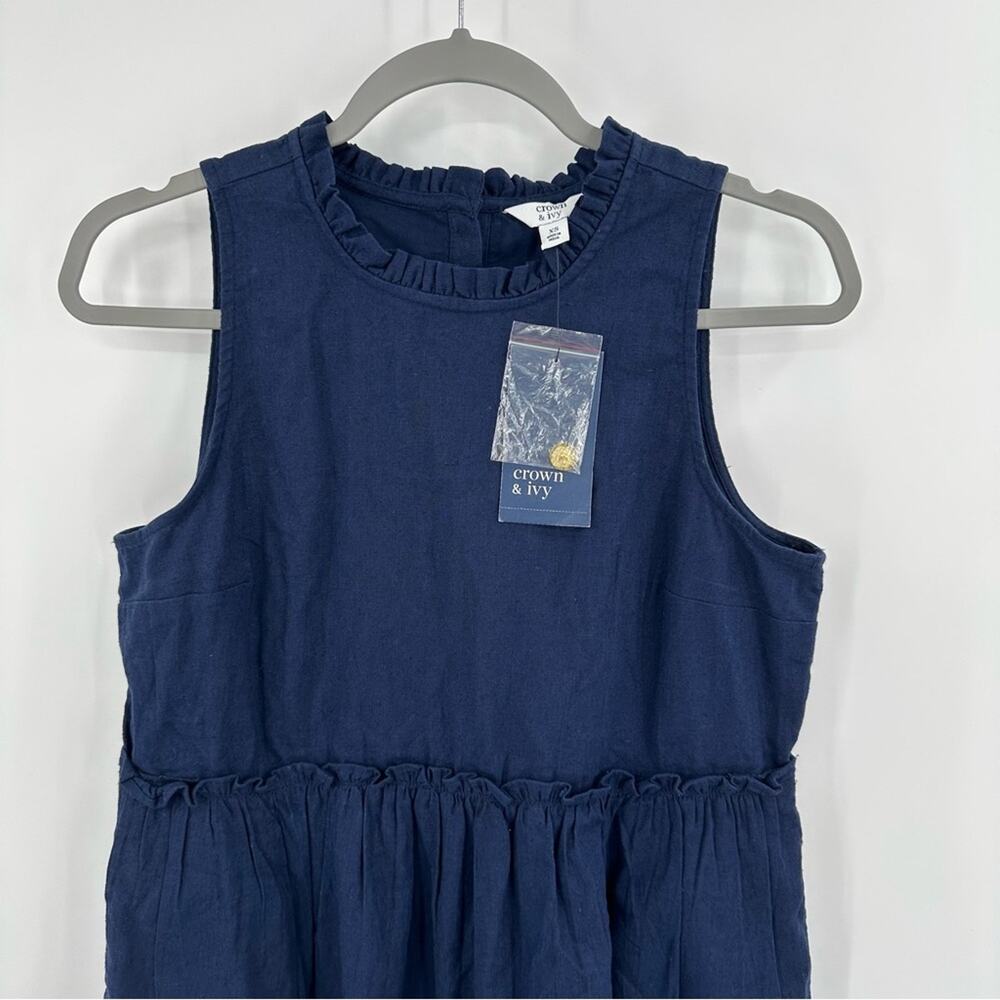 Crown & Ivy Linen Sleeveless Ruffle Neck Dress in navy Size XS - Picture 2 of 8